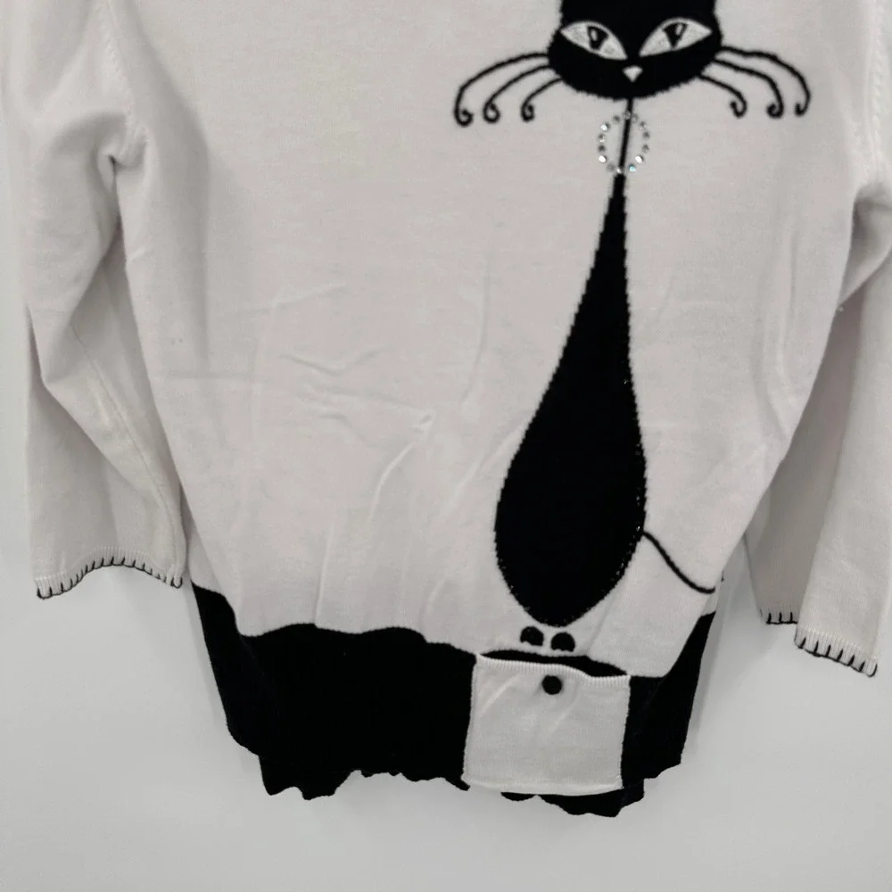 Berek Womens White Black Cat Graphic Knit Sweater Rhinestone Large Whimsical - Picture 3 of 9